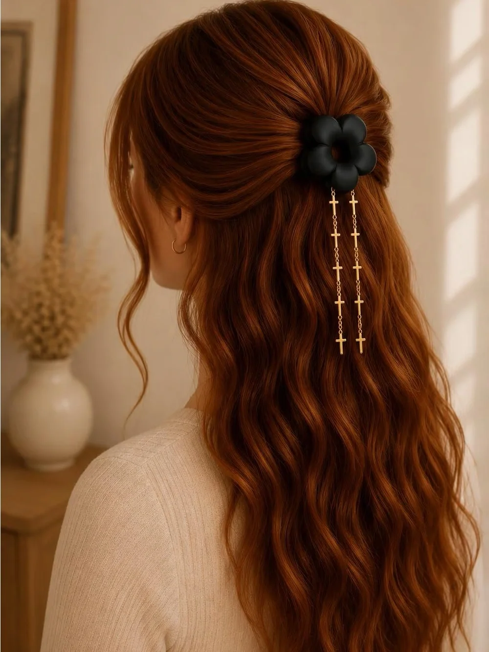 Black Flower Hair Clip with Gold Cross Chain Tassels